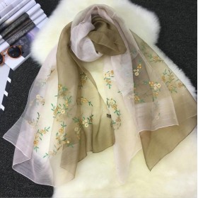 Wool Silk Scaves Green Print Women Summer Scarf